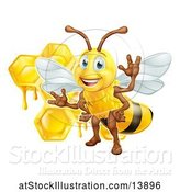 Vector Illustration of Happy Cartoon Bee and Honeycombs by AtStockIllustration