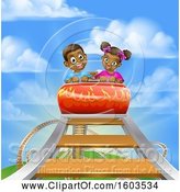 Vector Illustration of Happy Cartoon Black Boy and Girl at the Top of a Roller Coaster Ride, Against a Blue Sky with Clouds by AtStockIllustration