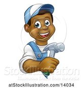 Vector Illustration of Happy Cartoon Black Male Carpenter Holding a Hammer Around a Sign by AtStockIllustration