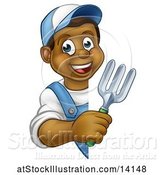 Vector Illustration of Happy Cartoon Black Male Gardener Holding a Garden Fork Around a Sign by AtStockIllustration