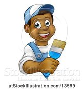 Vector Illustration of Happy Cartoon Black Male Painter Holding a Brush Around a Sign by AtStockIllustration