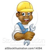 Vector Illustration of Happy Cartoon Black Male Plumber Holding a Wrench Around a Sign by AtStockIllustration