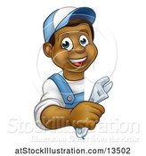 Vector Illustration of Happy Cartoon Black Male Plumber Holding an Adjustable Wrench Around a Sign by AtStockIllustration