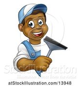 Vector Illustration of Happy Cartoon Black Male Window Cleaner Holding a Squeegee Around a Sign by AtStockIllustration