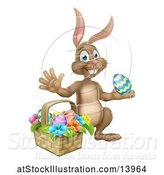 Vector Illustration of Happy Cartoon Brown Easter Bunny Rabbit with a Basket and Eggs by AtStockIllustration