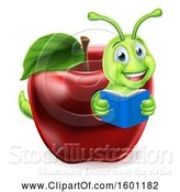 Vector Illustration of Happy Cartoon Green Book Worm Reading in a Red Apple by AtStockIllustration