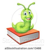 Vector Illustration of Happy Cartoon Green Worm on a Book by AtStockIllustration