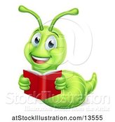 Vector Illustration of Happy Cartoon Green Worm Reading a Book by AtStockIllustration