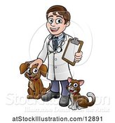 Vector Illustration of Happy Cartoon May Veterinarian Waving and Holding a Clipboard, with a Dog and Cat by AtStockIllustration