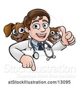 Vector Illustration of Happy Cartoon May Veterinarian with a Dog and Cat over a Sign by AtStockIllustration