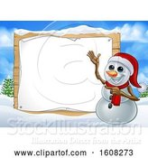 Vector Illustration of Happy Cartoon Snowman Wearing a Christmas Santa Hat by a Blank Sign in a Winter Landscape by AtStockIllustration