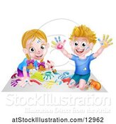 Vector Illustration of Happy Cartoon White Boy and Girl Kneeling on Paper and and Painting by AtStockIllustration