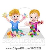 Vector Illustration of Happy Cartoon White Boy Kneeling and Hand Painting Artwork and Girl Playing with Toy Blocks by AtStockIllustration