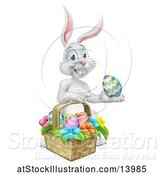 Vector Illustration of Happy Cartoon White Easter Bunny Rabbit with a Basket and Eggs by AtStockIllustration
