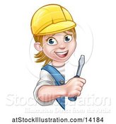 Vector Illustration of Happy Cartoon White Female Electrician Wearing a Hardhat, Holding a Screwdriver Around a Sign by AtStockIllustration