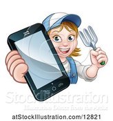 Vector Illustration of Happy Cartoon White Female Gardener Holding a Garden Fork and a Cell Phone by AtStockIllustration