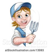 Vector Illustration of Happy Cartoon White Female Gardener Holding a Garden Fork Around a Sign by AtStockIllustration