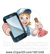 Vector Illustration of Happy Cartoon White Female Plumber Holding a Plunger and Cell Phone over a Sign by AtStockIllustration