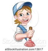 Vector Illustration of Happy Cartoon White Female Plumber Holding a Plunger Around a Sign by AtStockIllustration