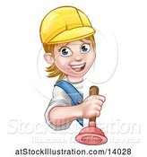 Vector Illustration of Happy Cartoon White Female Plumber Holding a Plunger Around a Sign by AtStockIllustration