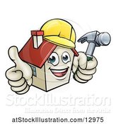 Vector Illustration of Happy Cartoon White Home Mascot Character Wearing a Hardhat, Holding a Hammer and Giving a Thumb up by AtStockIllustration