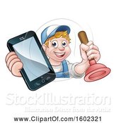 Vector Illustration of Happy Cartoon White Male Plumber Holding a Plunger and Cell Phone over a Sign by AtStockIllustration