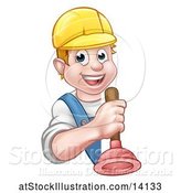 Vector Illustration of Happy Cartoon White Male Plumber Holding a Plunger Around a Sign by AtStockIllustration