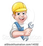 Vector Illustration of Happy Cartoon White Male Worker Holding a Spanner Wrench Around a Sign by AtStockIllustration