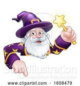 Vector Illustration of Happy Cartoon Wizard Holding a Magic Wand over a Sign by AtStockIllustration