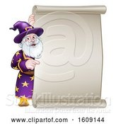 Vector Illustration of Happy Cartoon Wizard Pointing Around a Scroll Sign by AtStockIllustration