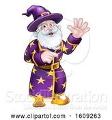 Vector Illustration of Happy Cartoon Wizard Waving and Pointing by AtStockIllustration