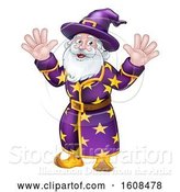 Vector Illustration of Happy Cartoon Wizard Waving with Both Hands by AtStockIllustration