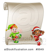 Vector Illustration of Happy Christmas Elves by a Blank Scroll Sign by AtStockIllustration