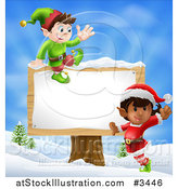 Vector Illustration of Happy Christmas Elves by a Wooden Sign in a Winter Landscape by AtStockIllustration