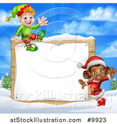 Vector Illustration of Happy Christmas Elves by a Wooden Sign in a Winter Landscape by AtStockIllustration