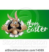 Vector Illustration of Happy Easter Greeting by a Brown Bunny Rabbit Breaking Through a Hole in a Wall, over Green by AtStockIllustration