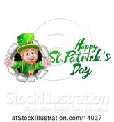 Vector Illustration of Happy St Patricks Day Greeting by a Leprechaun Breaking Through a Wall by AtStockIllustration