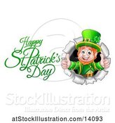 Vector Illustration of Happy St Patricks Day Greeting by a Leprechaun Giving Two Thumbs up and Breaking Through a Wall by AtStockIllustration