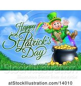 Vector Illustration of Happy St Patricks Day Greeting by a Leprechaun Jumping over a Pot of Gold at the End of a Rainbow by AtStockIllustration