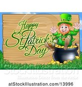 Vector Illustration of Happy St Patricks Day Greeting on a Wood Sign by a Leprechaun Sitting on a Pot of Gold by AtStockIllustration