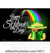 Vector Illustration of Happy St Patricks Day Greeting with a Leprechaun Hat Full of Gold Coins at the End of a Rainbow, on Black by AtStockIllustration