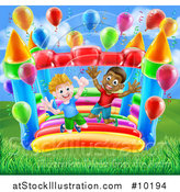 Vector Illustration of Happy White and Black Boys Jumping on a Bouncy House Castle by AtStockIllustration