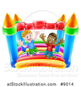 Vector Illustration of Happy White and Black Boys Jumping on a Bouncy House Castle by AtStockIllustration