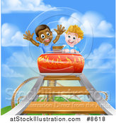 Vector Illustration of Happy White and Black Boys on a Roller Coaster Ride, Against a Blue Sky with Clouds by AtStockIllustration
