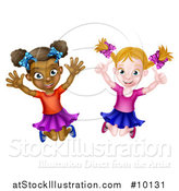 Vector Illustration of Happy White and Black Girls Jumping by AtStockIllustration