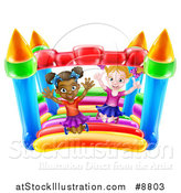 Vector Illustration of Happy White and Black Girls Jumping on a Bouncy House Castle by AtStockIllustration