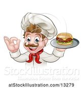 Vector Illustration of Happy White Male Chef Gesturing Ok and Holding a Cheeseburger on a Tray by AtStockIllustration