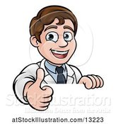 Vector Illustration of Happy White Male Scientist Giving a Thumb up over a Sign by AtStockIllustration