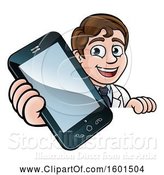Vector Illustration of Happy White Male Scientist Holding a Cell Phone over a Sign by AtStockIllustration