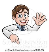 Vector Illustration of Happy White Male Scientist Waving and Pointing down over a Sign by AtStockIllustration